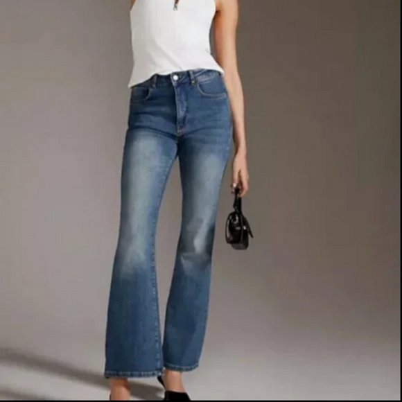 Anthropologie Pilcro 33 Tall NWT The Icon Flare Jeans Medium Blue Denim 33T - Picture 1 of 9